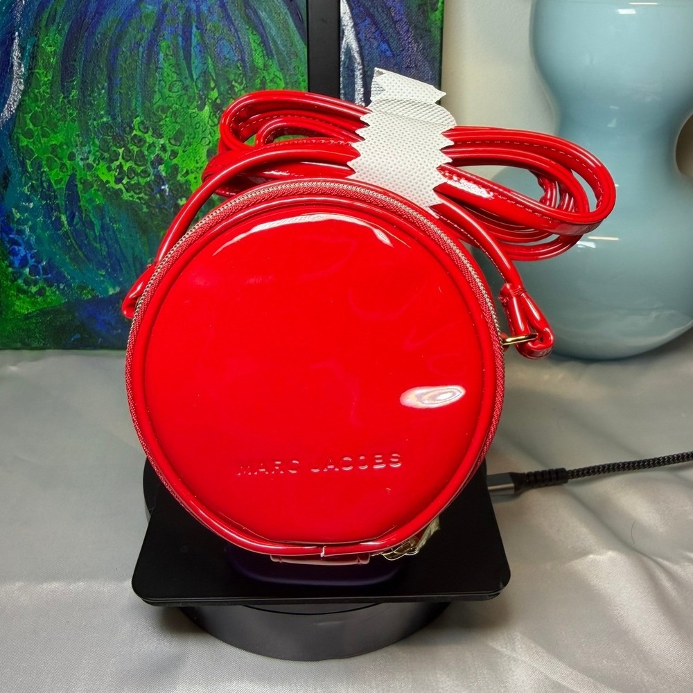 Marc Jacobs Red Patent Leather Round Crossbody Bag Gold Hardware Circular Purse